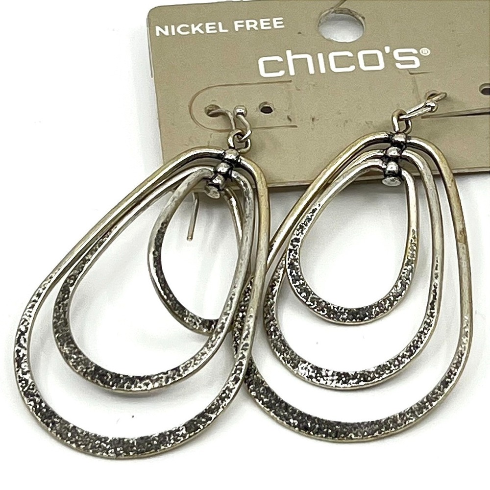 Vintage Chico's Boho Silver Textured Multi-Tiered Teardrop Hoop Earrings Style